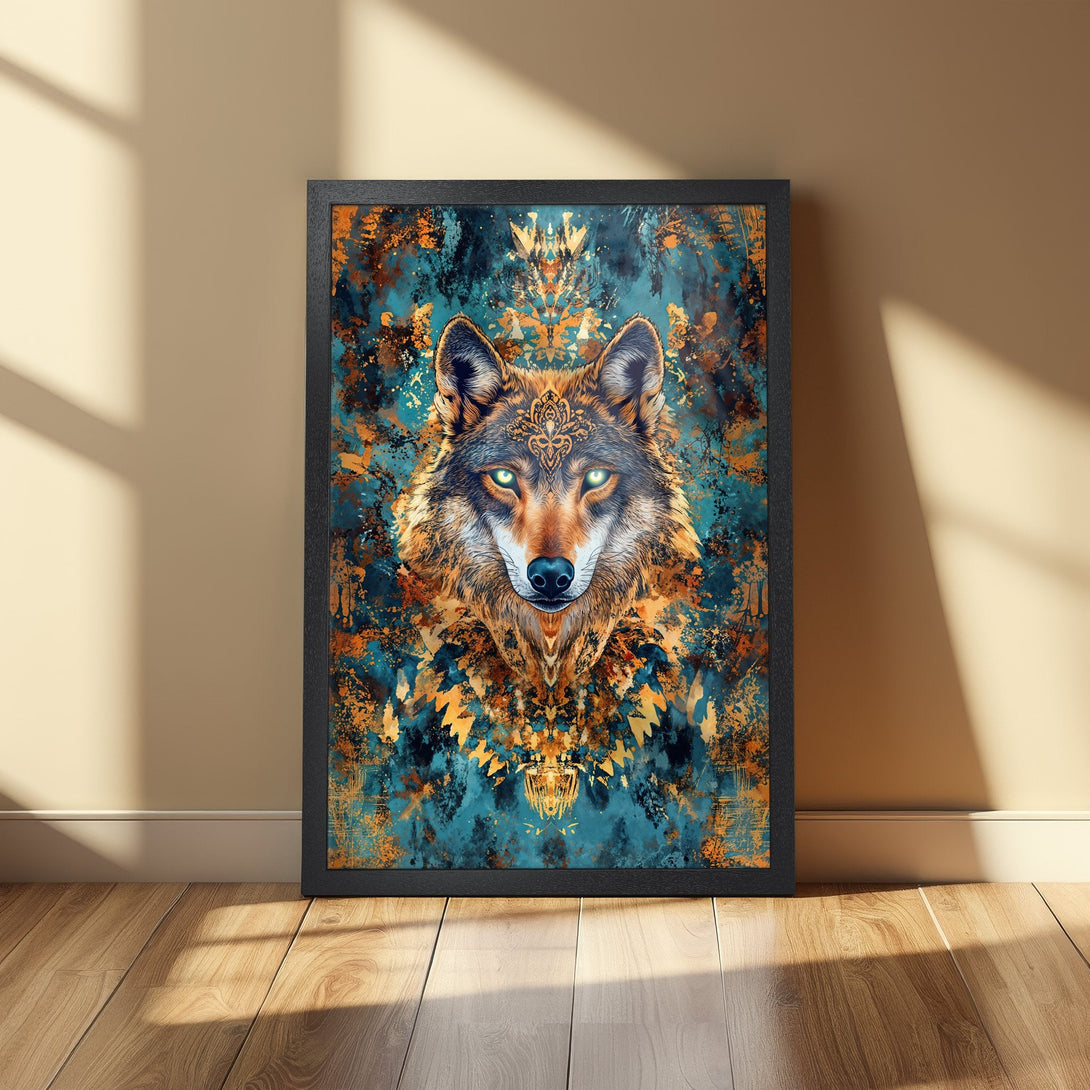Framed Poster featuring a majestic wolf in an abstract style with teal, gold, and orange color palette. Perfect wall art for any room.