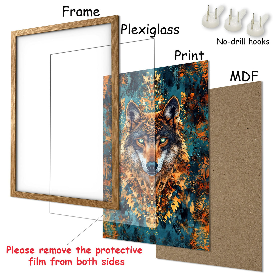 Framed Poster featuring a majestic wolf with an artistic style and a teal, orange, and brown color palette. Perfect wall art!
