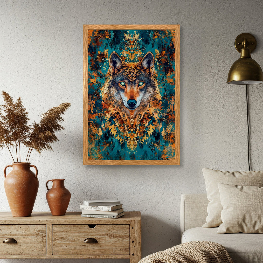 Framed Poster featuring a majestic wolf in vibrant teal and orange abstract art. Elevate your space with this stunning wildlife print.