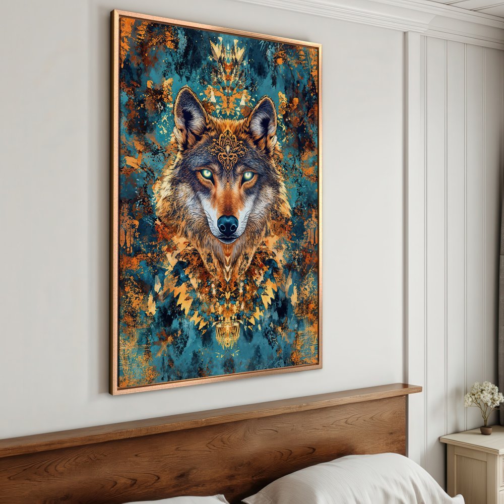Framed Wall Art: Majestic wolf portrait Canvas Print in teal & gold. Add a touch of wilderness & style to your home decor!