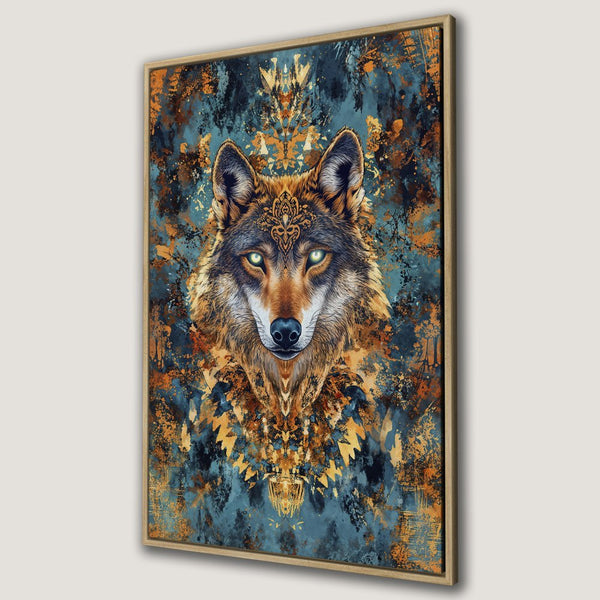 Framed Wall Art: Majestic wolf portrait in vibrant teal, gold, and brown hues. Add a touch of wild elegance with this stunning canvas print!