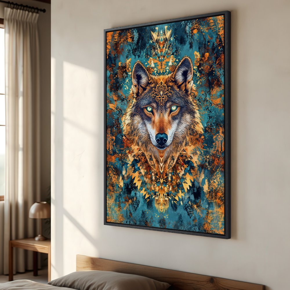 Framed Wall Art: Majestic wolf portrait in teal and gold abstract style. Add a touch of untamed beauty to your space with this stunning canvas print.