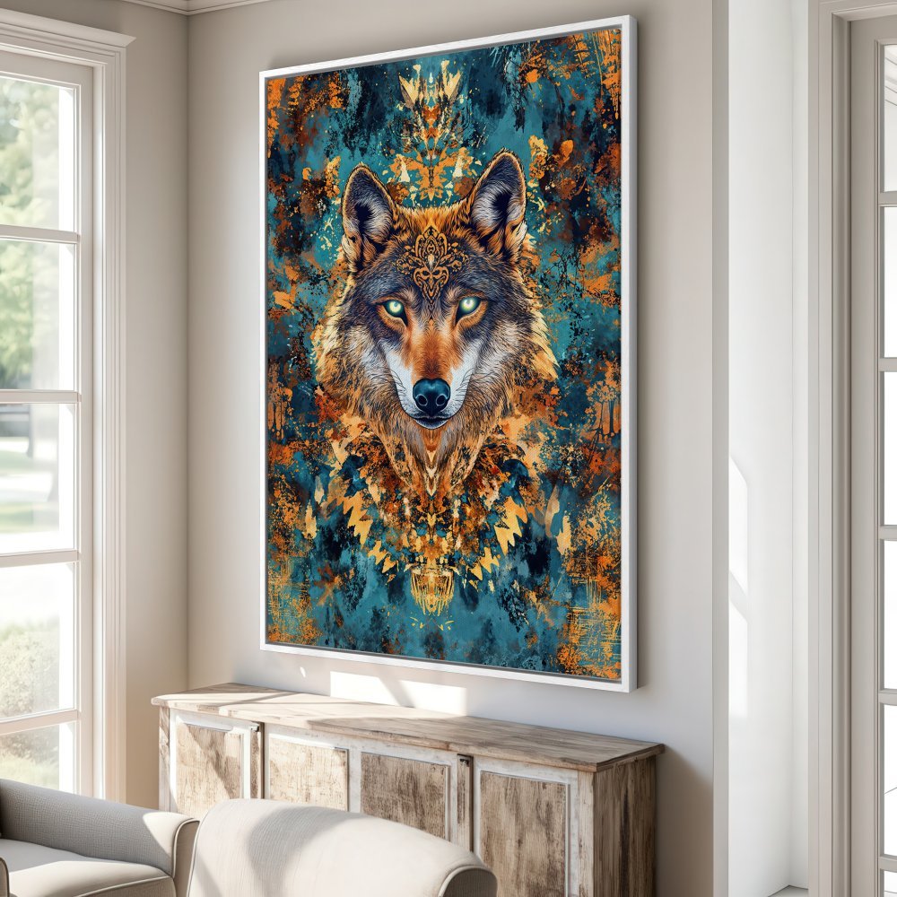 Framed Wall Art: Majestic wolf portrait canvas print with teal, gold, and orange abstract art. Elevate your home decor with this stunning piece!