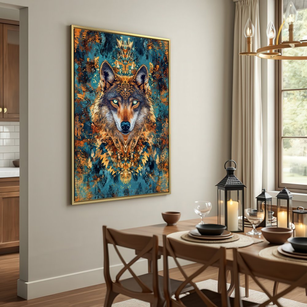 Canvas Print of a majestic wolf in a teal and gold abstract style. Add a touch of wild to your home decor!