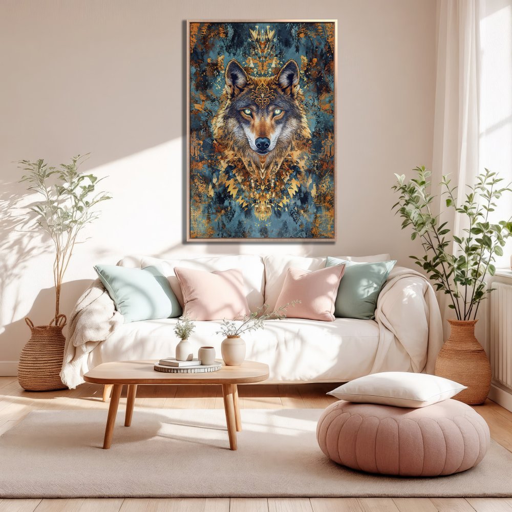 Framed Wall Art: Majestic wolf portrait in teal and gold, perfect for modern decor. Elevate your space with this stunning Canvas Print!