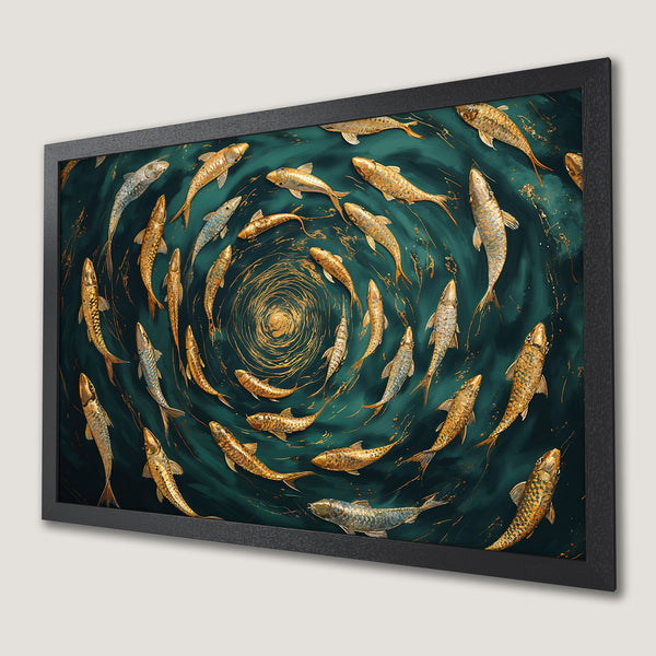 Framed Poster featuring golden fish swirling in a teal and gold abstract design. Elevate your space with this stunning art print!