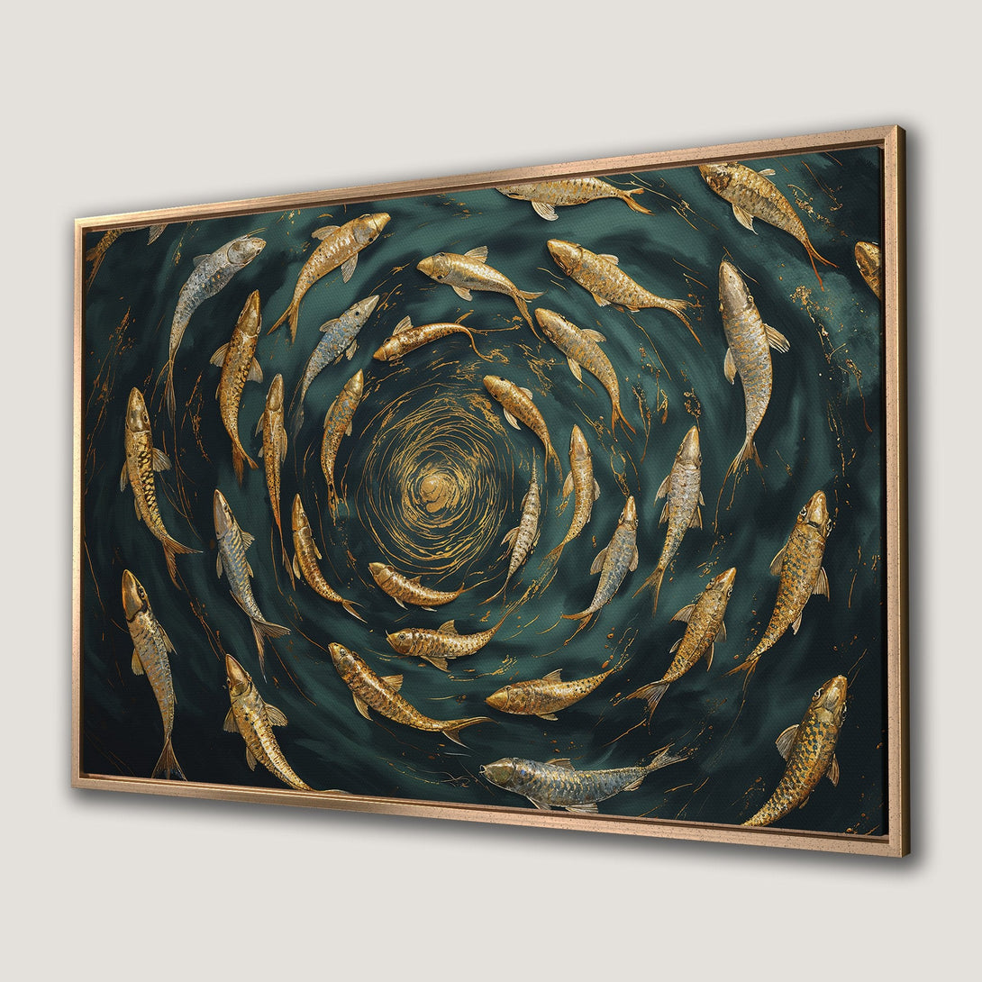 Framed Wall Art featuring a school of golden fish in a swirling pattern on a teal background. A beautiful piece of art for your home.