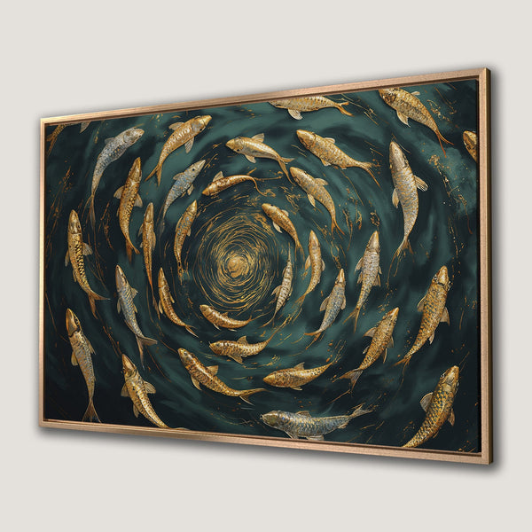 Framed Wall Art featuring a school of golden fish in a swirling pattern on a teal background. A beautiful piece of art for your home.