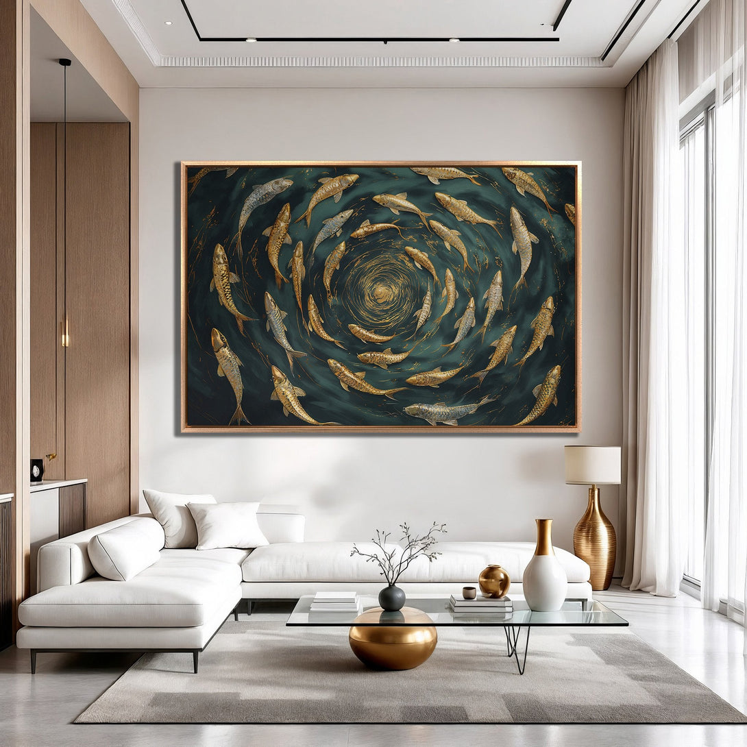Framed Wall Art featuring a school of golden fish on a teal background. Modern, elegant Canvas Print with a luxurious color palette.
