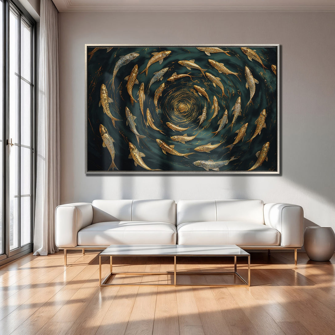 Framed Wall Art: Abstract fish art in gold and teal, displayed in a modern living room. Enhance your space with this stunning Canvas Print.