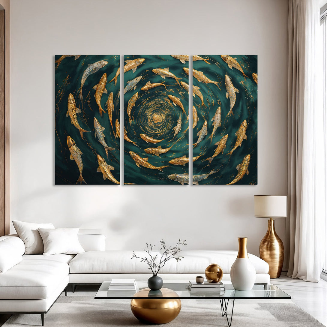 Canvas Print of swirling gold fish on teal background. Modern art style, perfect for living room decor.