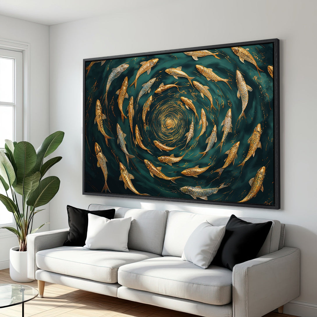 Framed Wall Art featuring a school of golden fish in a swirling pattern against a teal background. Adds a touch of elegance with its modern style and gold accents.