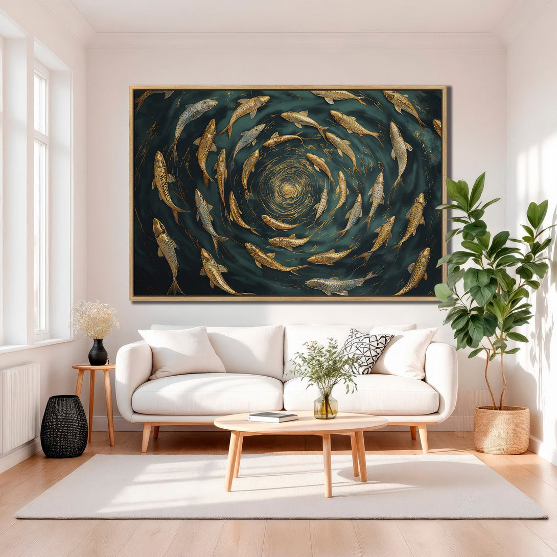 Framed Wall Art featuring a school of golden fish in a swirling pattern against a teal background. Adds a touch of elegance to any interior.