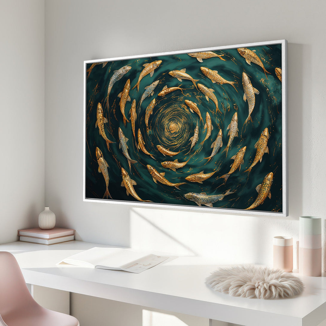 Framed Wall Art: Abstract fish swirl in teal and gold. Modern art canvas print adds a touch of elegance to any interior. Shop now!