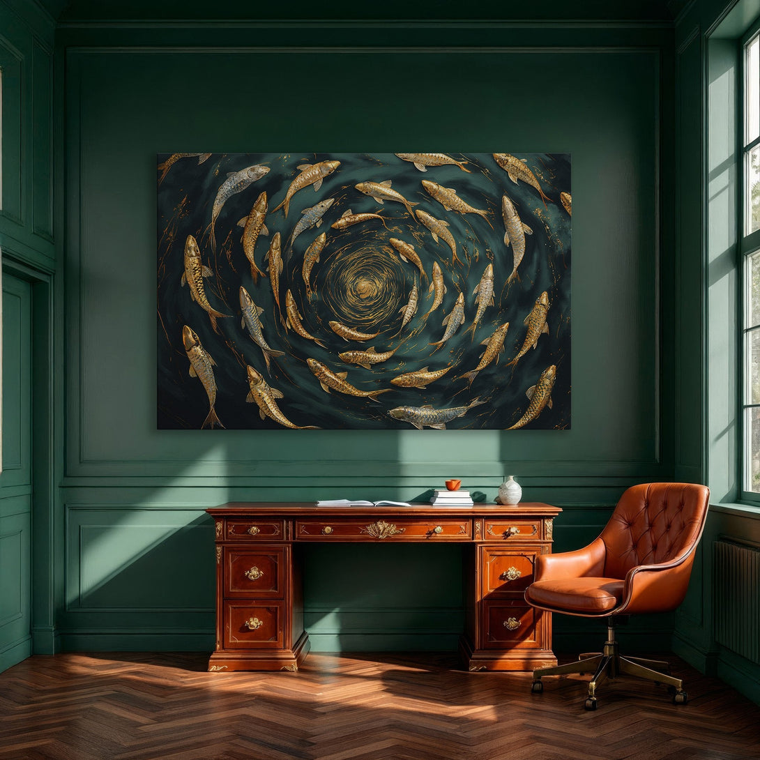 Framed Wall Art featuring a school of golden fish on a teal background. Elegant, modern art with a luxurious gold and teal color palette. Perfect for dining rooms.