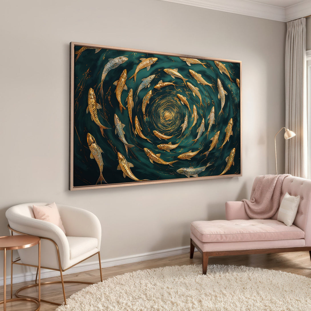 Framed Wall Art: Gold fish swirl Canvas Print in teal and gold. Modern art for home decor, adding a touch of elegance and sophistication.