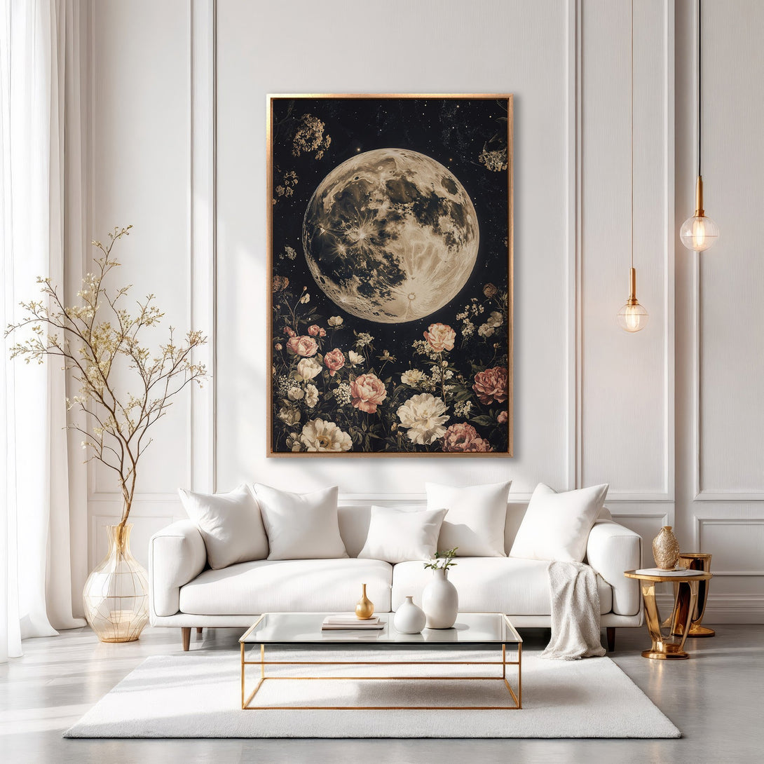 Framed Wall Art featuring a celestial moon and floral design in a moody, romantic style. Earthy tones with pops of pink and gold. Perfect for elegant interiors.