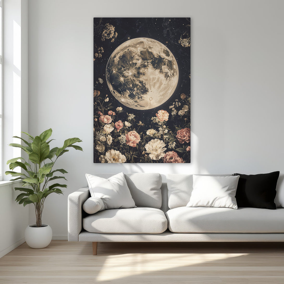 Framed Wall Art: Celestial moon and floral Canvas Print in a bedroom. Romantic style with a black, cream, and blush color palette. Elevate your decor!