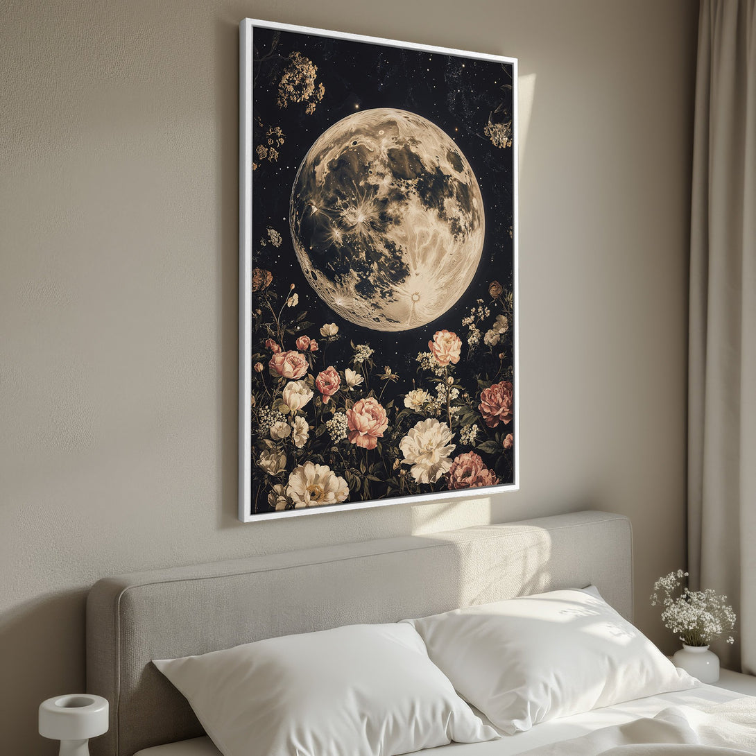 Framed Wall Art: Celestial Moon & floral Canvas Print in a bedroom. Romantic style with dark, cream, and blush tones. Perfect for bedroom decor.