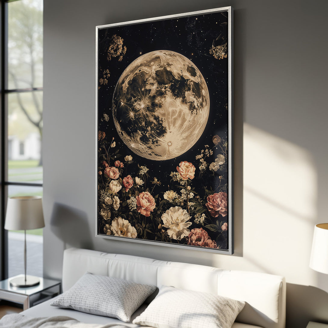 Framed Wall Art: Vintage moon and floral print in a bedroom. Features a dark, moody color palette with beige, black, and rose tones. Perfect for adding a touch of elegance.