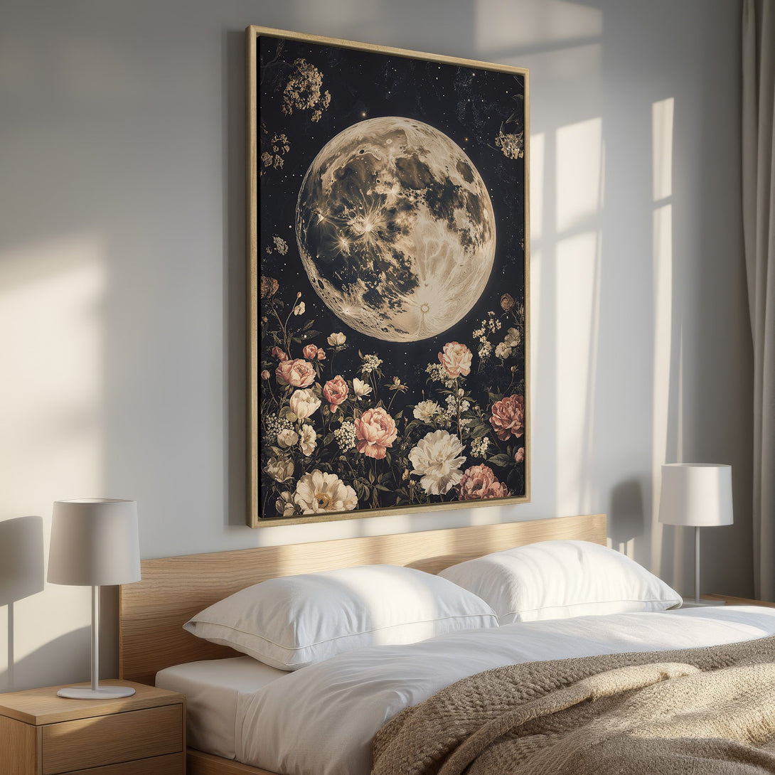Framed Wall Art: Moon and floral print in a bedroom. Dark, moody style with a warm color palette of cream, peach, and gold. Perfect for a cozy space.