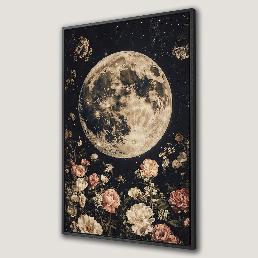 Framed Wall Art featuring a vintage-style moon and floral design. Dark, moody color palette with hints of gold and blush tones. Perfect for adding a touch of celestial beauty.