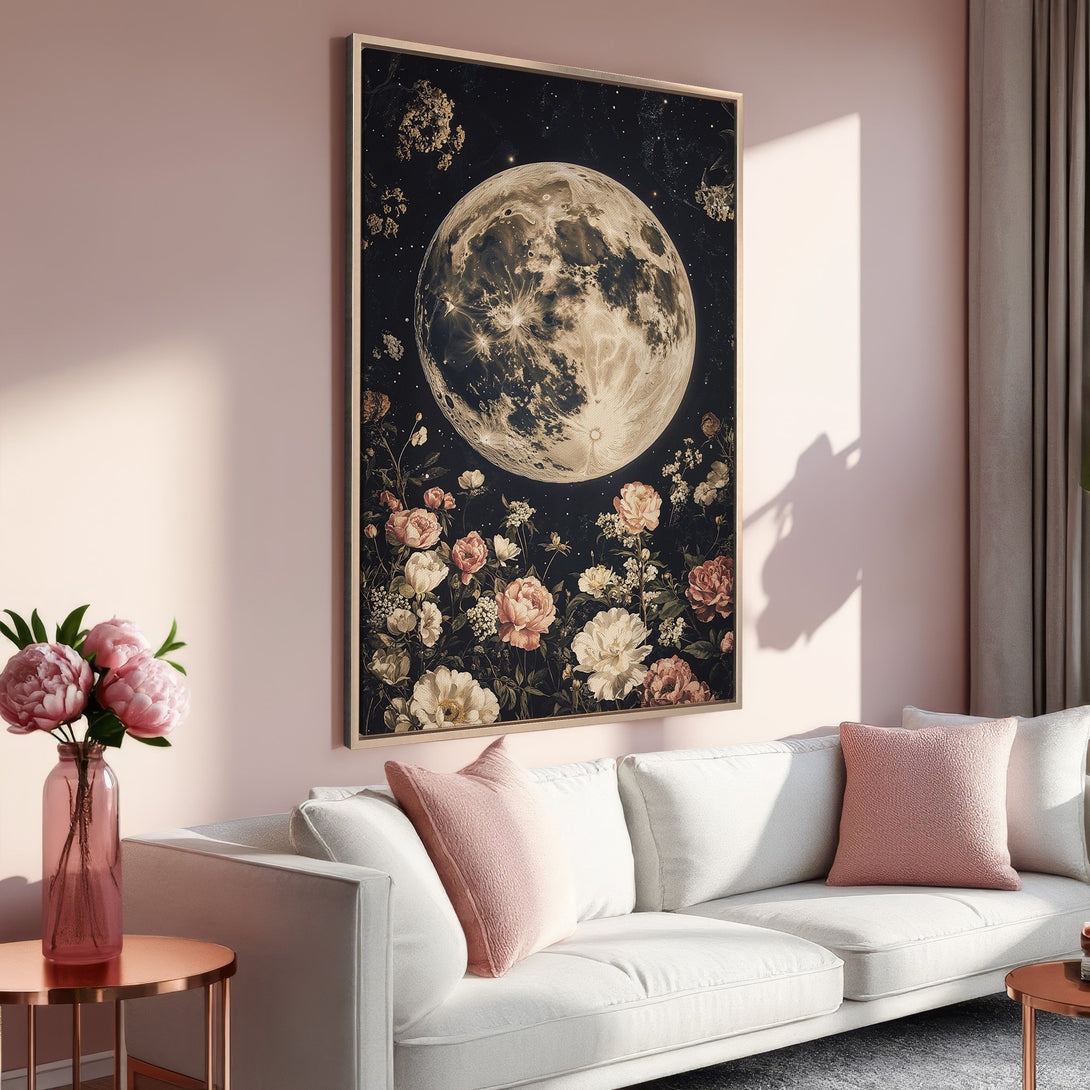 Framed Wall Art: Moon and floral canvas print in a blush & black palette. Modern art for living room decor. Elevate your space with this stunning piece!