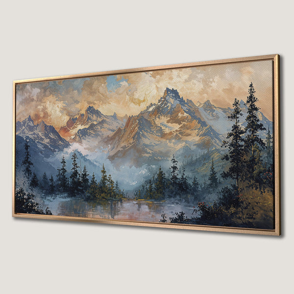 Framed Wall Art: Majestic mountain landscape canvas print in warm earth tones. Perfect for adding a touch of nature's beauty to your home decor.