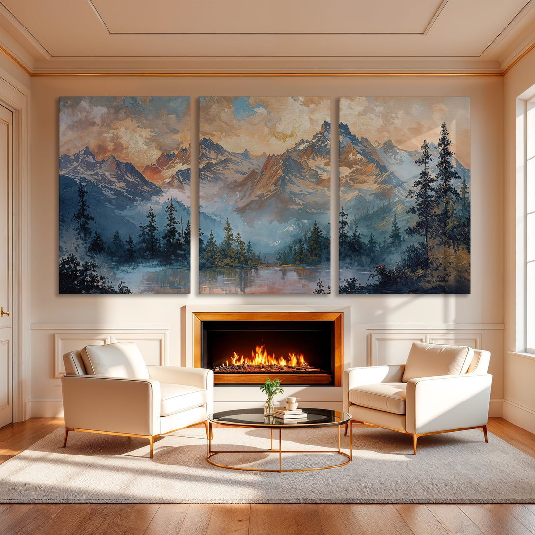 Canvas Print of a mountain landscape painting in blue, orange, and beige tones, displayed above a fireplace in a cozy living room setting.