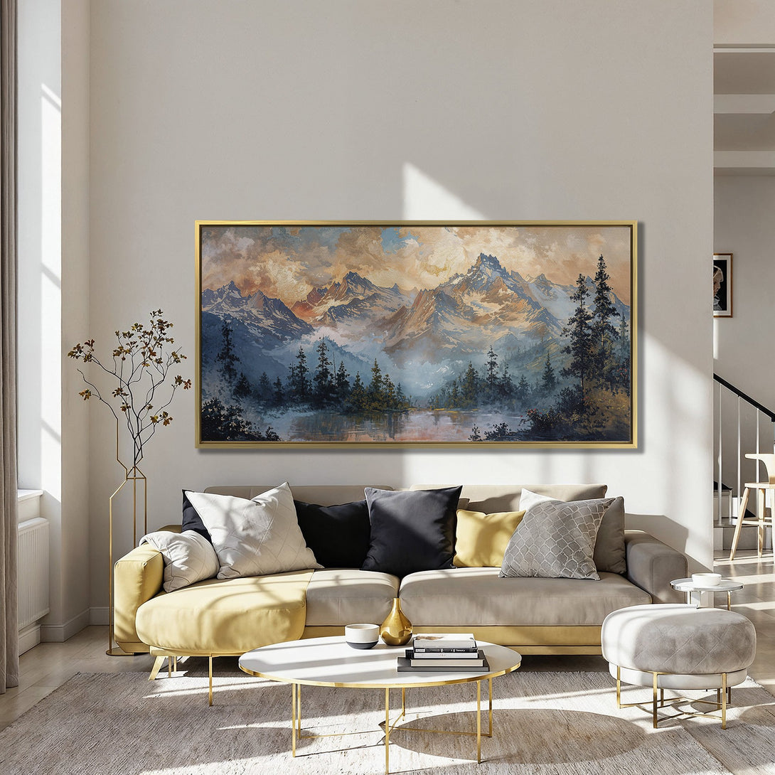 Canvas Print of a mountain landscape painting in a muted color palette. Perfect for adding a touch of nature-inspired art to your home.