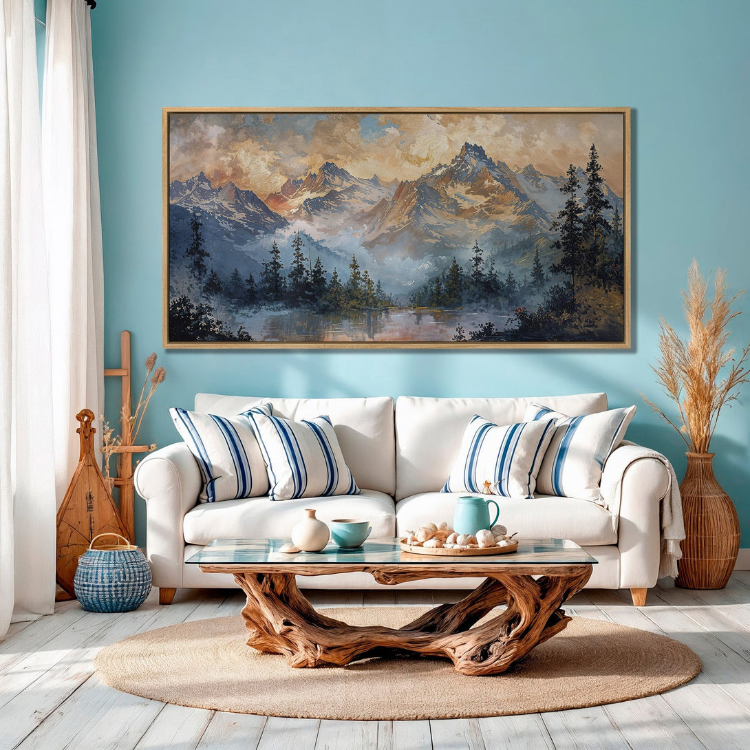Framed Wall Art: Mountain landscape canvas print in warm earth tones & cool blues. Perfect for adding a touch of nature to your living room!