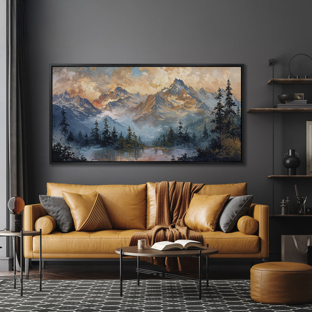 Framed Wall Art of a mountain landscape in a warm, earthy color palette. Adds a touch of nature and sophistication to any living room.