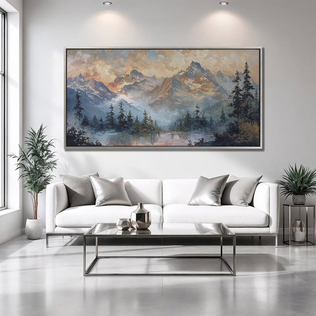 Framed Wall Art: Mountain landscape canvas print in a modern living room. Features a blue, gold, and green color palette. Perfect for home decor.