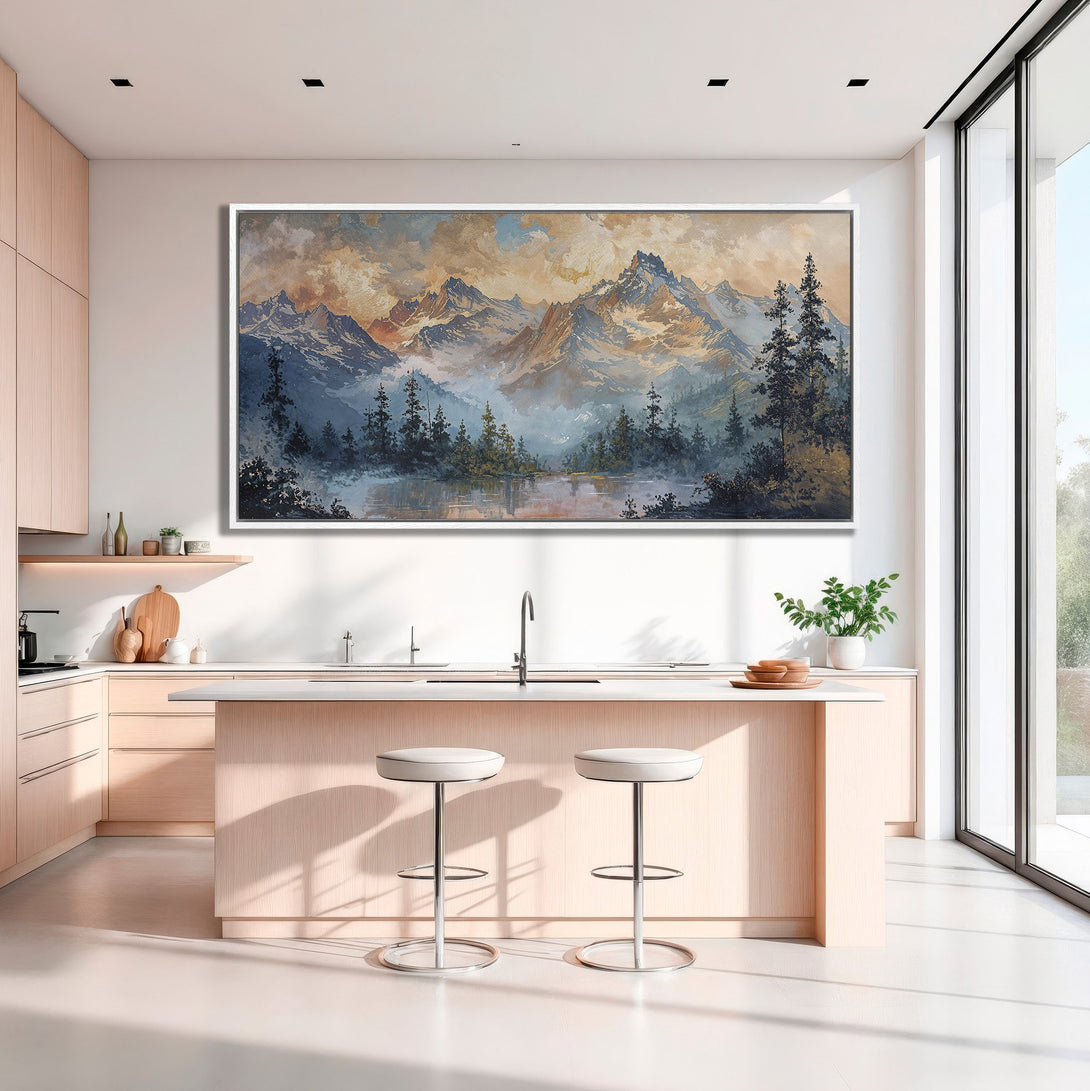 Framed Wall Art: Majestic mountain landscape canvas print in a modern kitchen. Earthy tones and blue hues create a serene, artistic focal point.