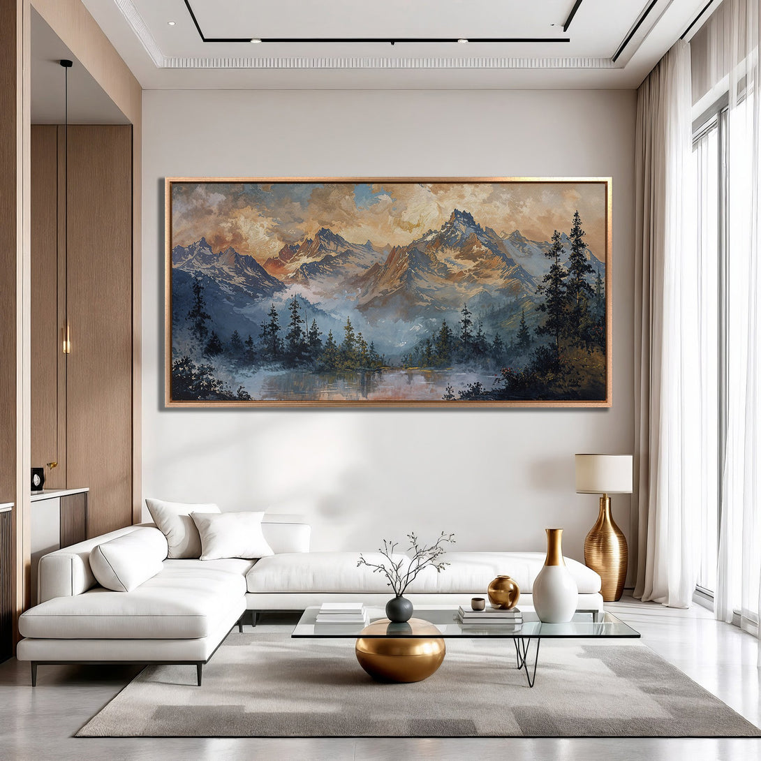 Framed Wall Art: Mountain landscape painting in a modern living room. Earthy tones of blue, brown, and gold create a serene, stylish ambiance.