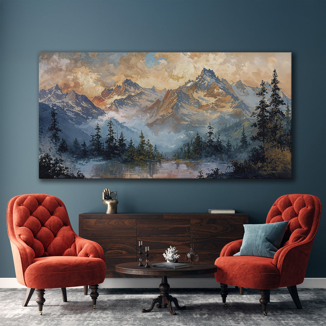 Framed Wall Art: Mountain landscape Canvas Print in blue, gold, and brown tones. Perfect for adding a touch of nature-inspired elegance to your home decor.