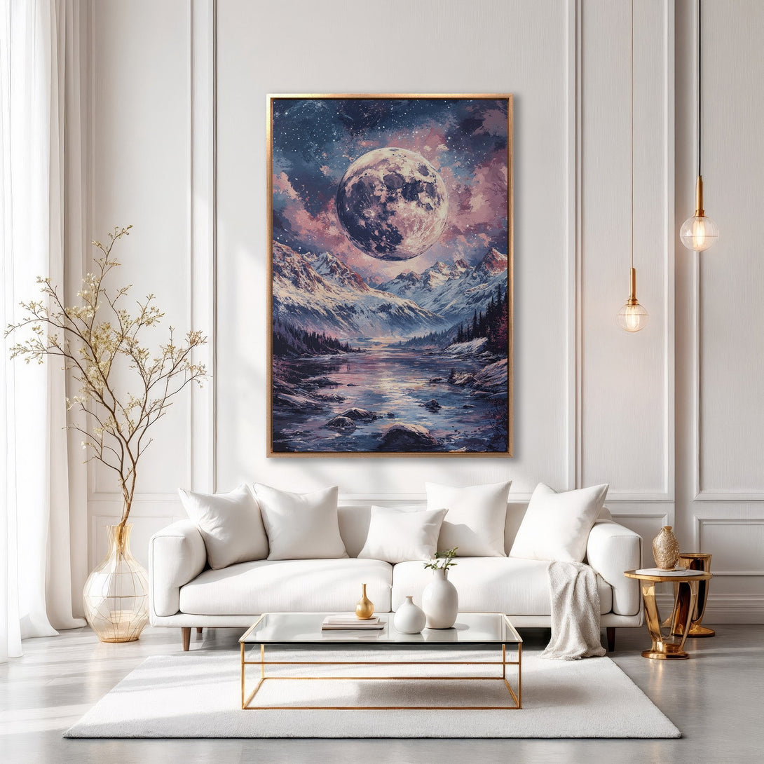 Framed Wall Art: Majestic moonlit mountain landscape in a modern living room. Blue, purple, and white color palette. Elevate your space!
