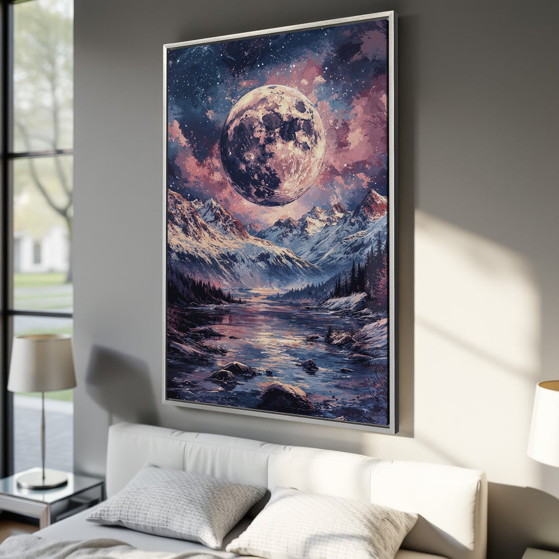 Framed Wall Art: Majestic moonlit mountain landscape canvas print in a dreamy, painterly style. Features a vibrant blue, purple, and pink color palette.