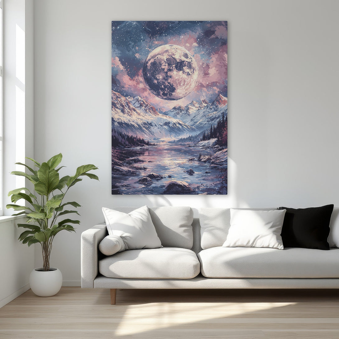 Framed Wall Art: Stunning moonlit mountain landscape canvas print. Featuring a cool blue and pink color palette, perfect bedroom decor.