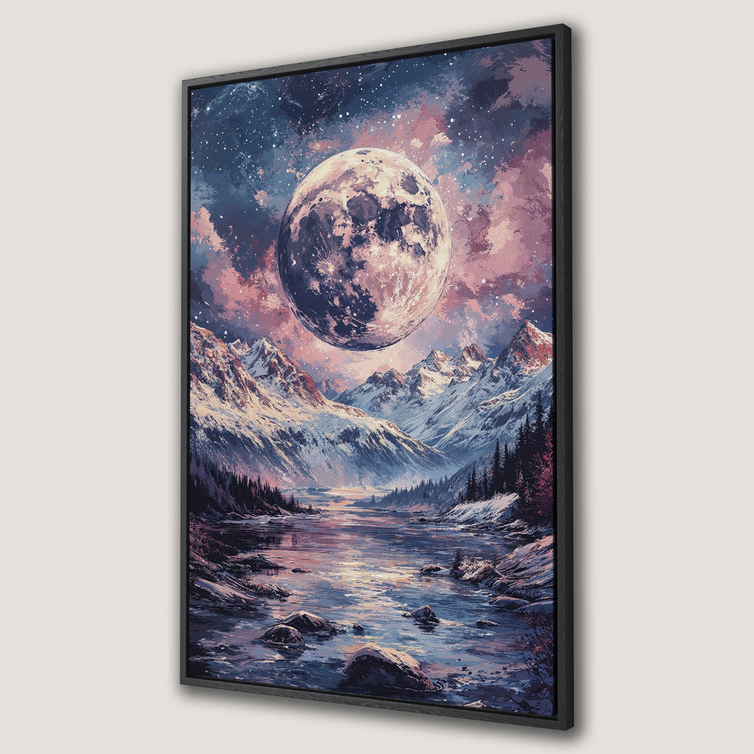Framed Wall Art: Majestic moonlit mountain landscape canvas print. Stunning artwork in a cool, dreamy color palette of blues, purples, and pinks. Elevate your space!
