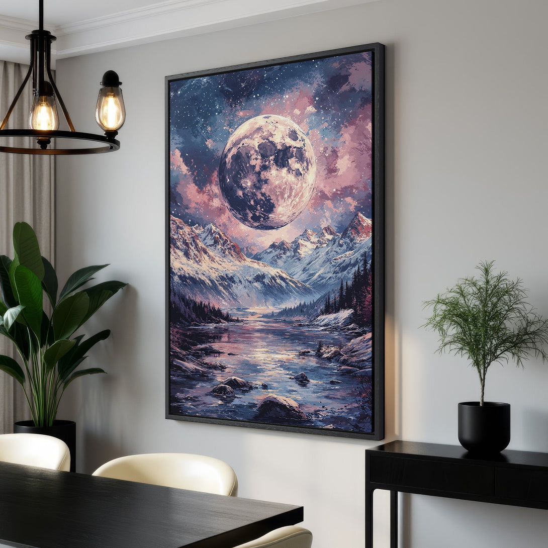 Framed Wall Art: Stunning moonlit mountain landscape Canvas Print in a cool, dreamy color palette. Add a touch of nature's beauty to your home!