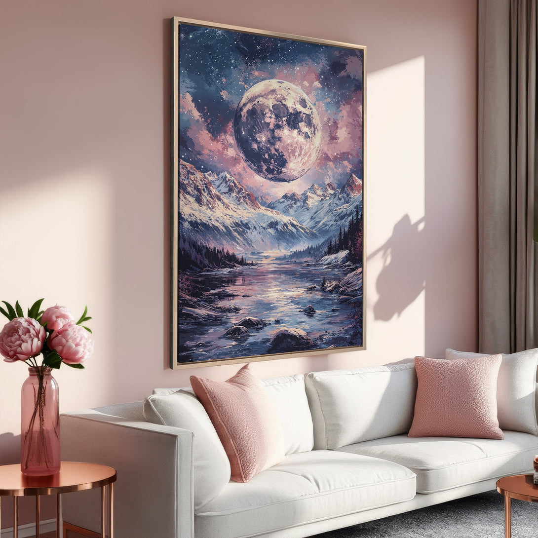 Framed Wall Art: Stunning moonlit mountain landscape Canvas Print. Dreamy, watercolor style art with a soft pink and blue color palette. Perfect for any room!
