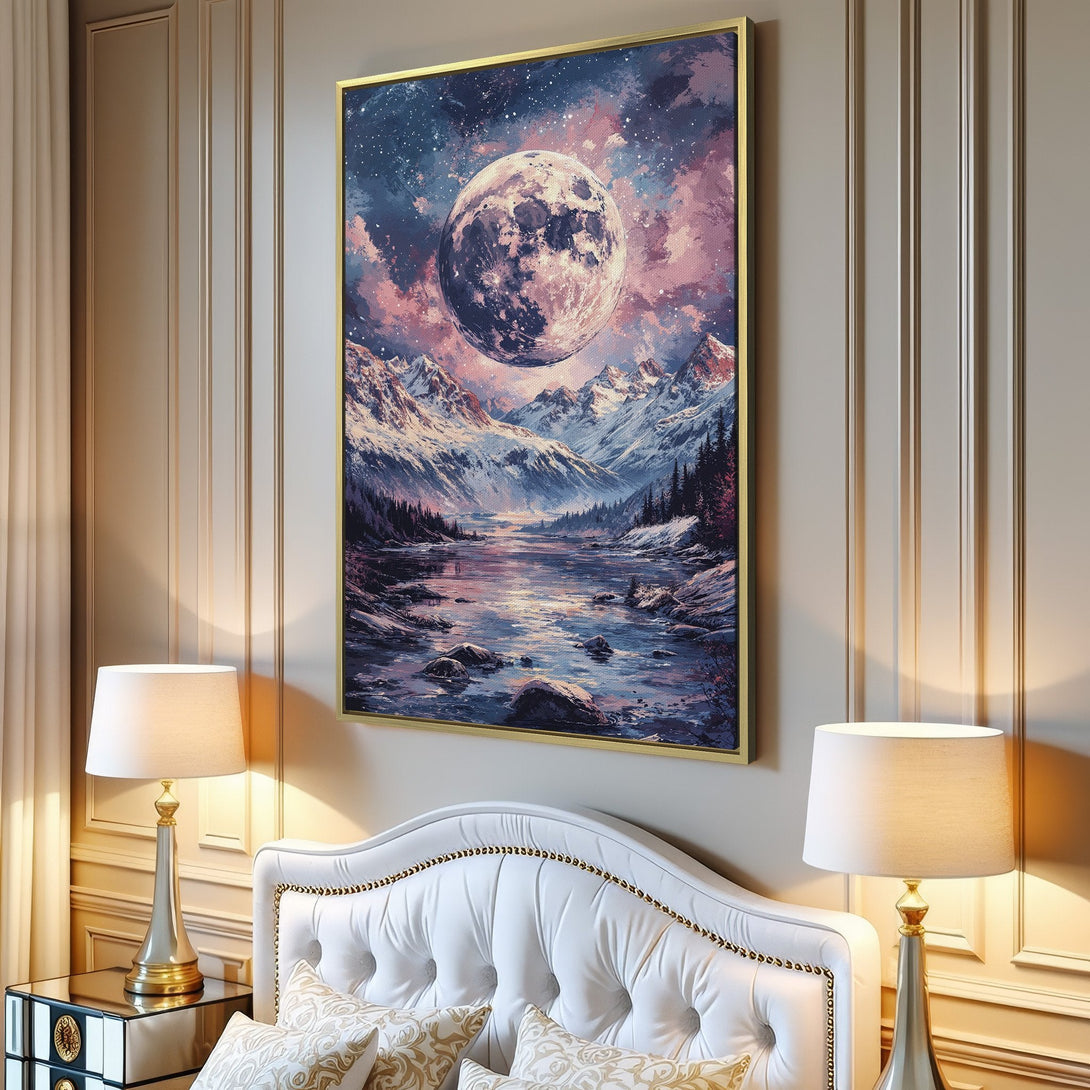 Canvas Print of a moonlit mountain landscape in a watercolor style, featuring a dreamy color palette of blues, pinks, and purples.