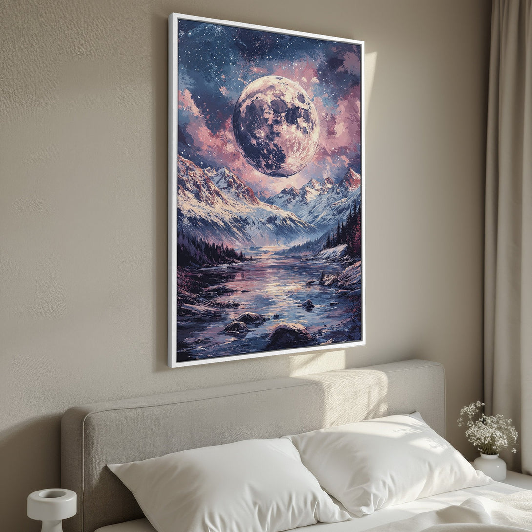 Framed Wall Art: Majestic moonlit mountain landscape canvas print in a cool blue, purple, and pink palette. Add a touch of nature's beauty to your home!