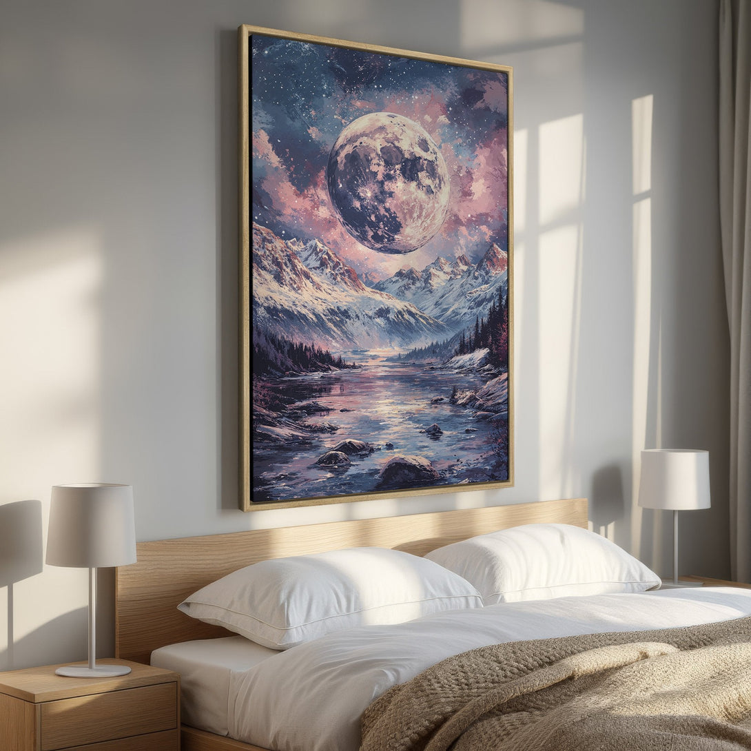 Framed Wall Art: Stunning moonlit mountain landscape Canvas Print. Evokes a sense of wonder with its dreamy blues, pinks, and purples. Perfect for bedroom decor.