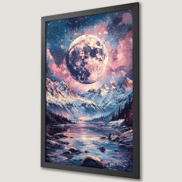 Framed Poster: Majestic moon over snow-capped mountains, dreamy landscape art in a blue, pink, and purple color palette. Perfect wall decor!