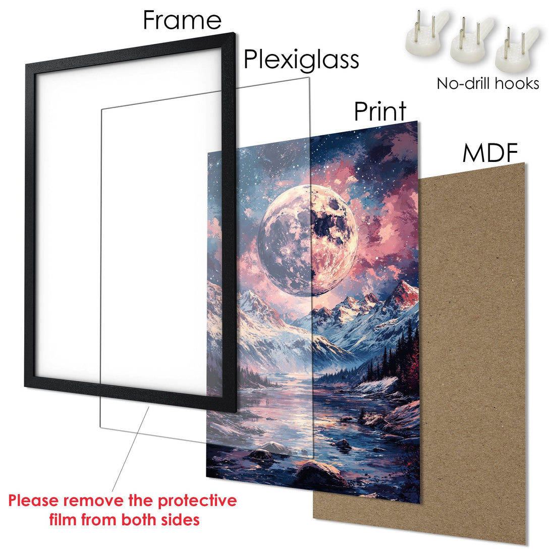 Framed Poster: Majestic moonlit mountain landscape art print. Stunning colors, ready to hang! Elevate your decor with this beautiful Poster.