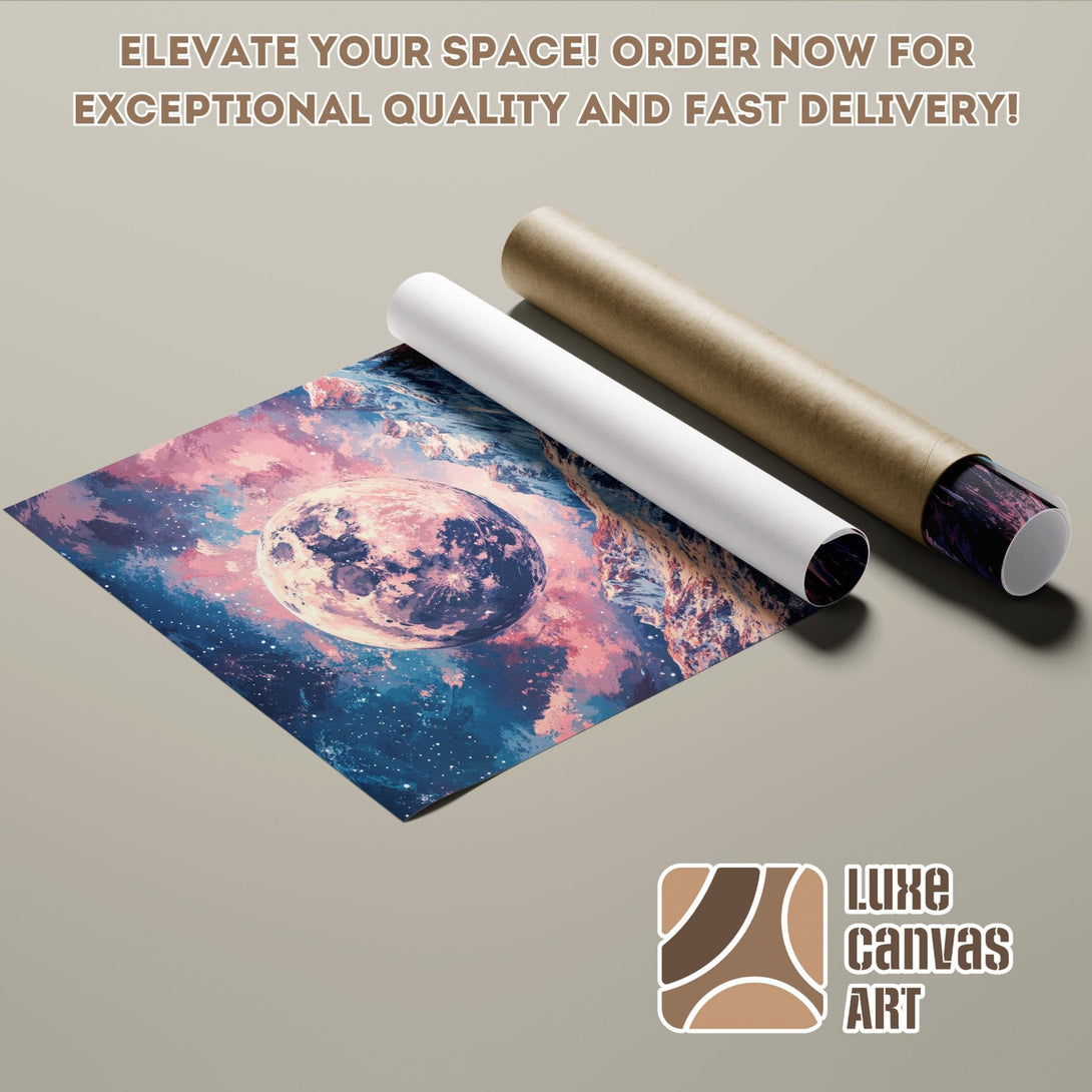 Poster Roll featuring a vibrant space art print. Artistic style with blue, pink, and white color palette. Elevate your space! Order now!