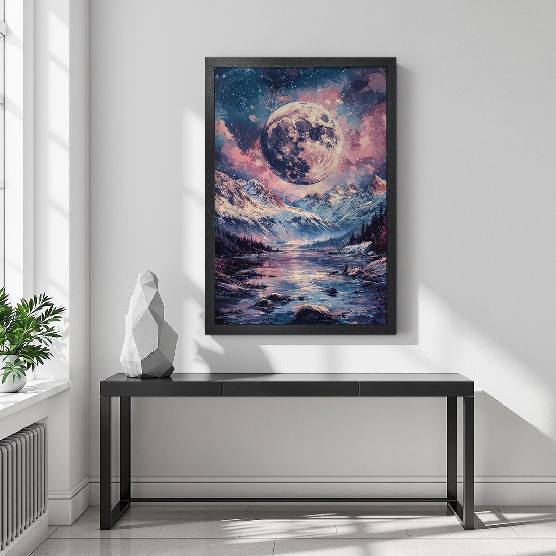 Framed Poster of a surreal moonlit mountain landscape. Artistic style with a dreamy color palette of blues, pinks, and purples. Add this art to your home!