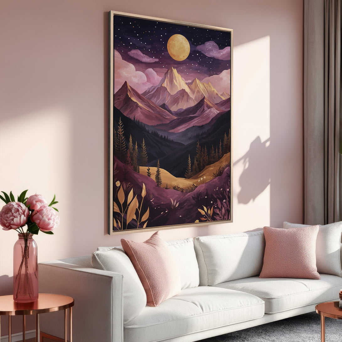 Framed Wall Art: Mountain landscape canvas print in a warm, inviting color palette. Perfect for adding a touch of nature and style to your home decor.